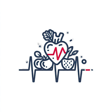 This illustration depicts a heart with a heartbeat line, surrounded by vibrant fruits and vegetables, symbolizing health and nutrition.の素材