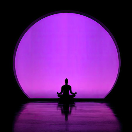 A tranquil silhouette of a person meditating against a vibrant purple circle creates a soothing atmosphere, ideal for promoting relaxation and mindfulness.の素材