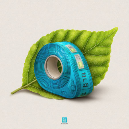 A vibrant blue measuring tape rests on a fresh green leaf, blending tools with nature. This unique composition highlights creativity in home improvement.の素材