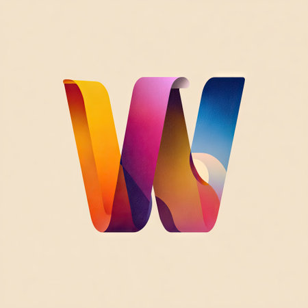This abstract design showcases a stylized letter W created with vibrant colors and smooth curves, set against a soft background, perfect for creative applications.の素材