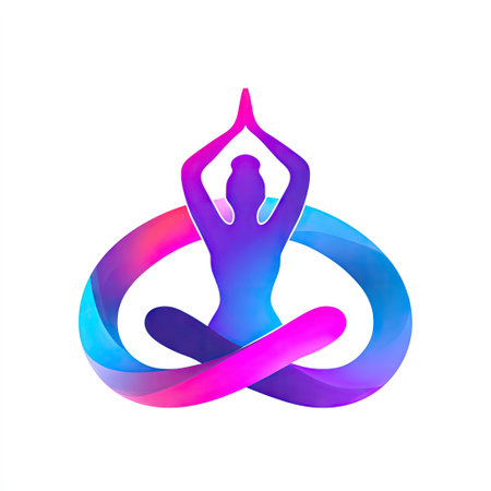 Vibrant and abstract depiction of a meditating woman, surrounded by flowing ribbons symbolizing peace and wellness, ideal for wellness-themed projects.の素材