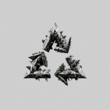 This abstract image features three triangular mountain formations adorned with greenery, presented on a minimalist light grey background, evoking a sense of tranquility.の素材