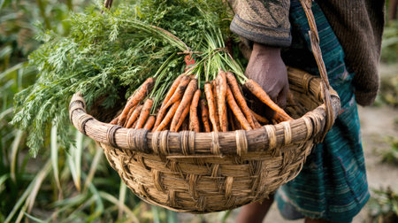 A farmer carries a basket of freshly harvested carrots, showcasing the vibrant colors and textures of organic vegetables in an agricultural setting.の素材