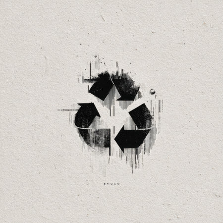 An abstract representation of a black recycle symbol on a textured background, showcasing a grunge effect that highlights themes of environmental awareness and sustainability.の素材