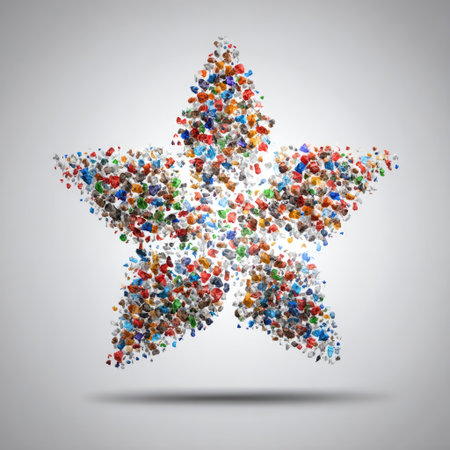 A vibrant star shape creatively formed from an assortment of colorful small stones, pebbles, and crystals against a light background, perfect for artistic projects.の素材