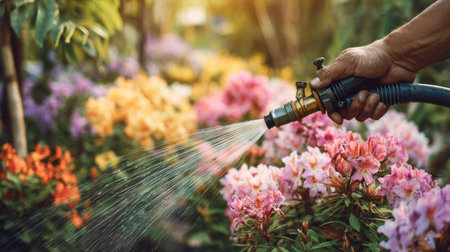 A close-up view of a hand using a garden hose to water vibrant flowers in a lush garden. Natural sunlight illuminates the colorful petals, showcasing the beauty of nature and the joy of gardening.の素材