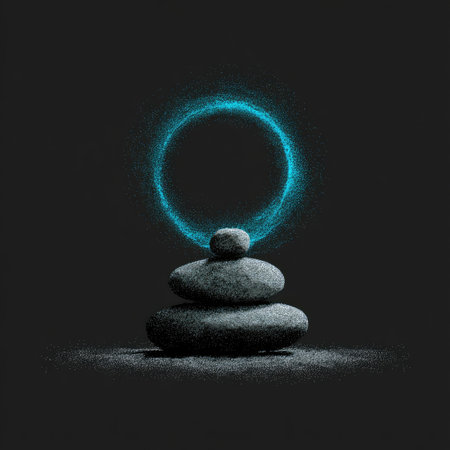 This image features a serene arrangement of stacked stones illuminated by a glowing circular light, symbolizing meditation, balance, and inner peace.の素材
