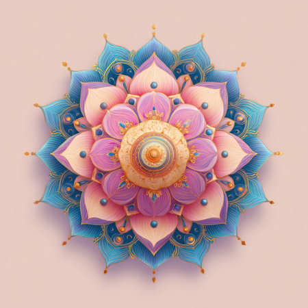 A stunning mandala design featuring detailed floral patterns and a central ornament in soft pastel tones. Ideal for relaxation, meditation, and art.の素材