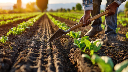 A dedicated farmer working in a lush green field, gently tilling the soil around fresh lettuce plants under the warm glow of sunset, emphasizing sustainable agriculture.の素材