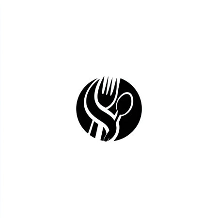 A minimalist logo design showcasing a fork and spoon intertwined in a circular shape. Ideal for restaurants, cafes, or food-related businesses.の素材