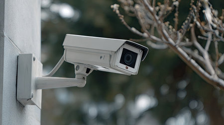 A high-resolution image of a security surveillance camera mounted on a wall, showcasing technology in an urban environment with blurred trees in the background.の素材