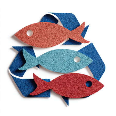 A vibrant and playful design featuring colorful fish shapes with a recycle symbol. Perfect for promoting sustainability, eco-friendly projects, or marine art themes.の素材
