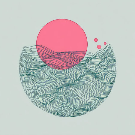 This abstract illustration features soft pastel colors with waves beneath a circular sun, creating a serene and minimalist design perfect for various creative projects.の素材