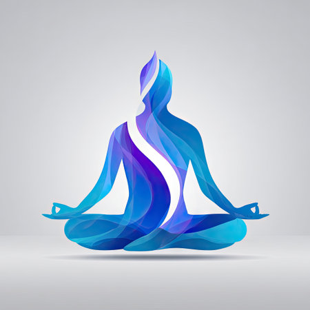 This artwork features an abstract silhouette of a person in a meditative yoga pose, emphasizing tranquility with flowing blue and purple tones.の素材