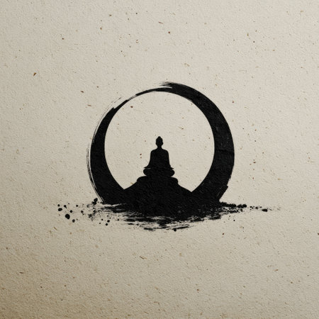 A serene illustration featuring a meditative silhouette within a circular design, symbolizing peace and tranquility. The textured background enhances the calming effect of mindfulness practices.の素材