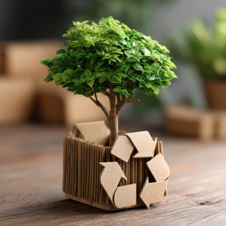 This image showcases a vibrant green tree emerging from a recycled cardboard box, symbolizing sustainability and environmental awareness in modern design.の素材