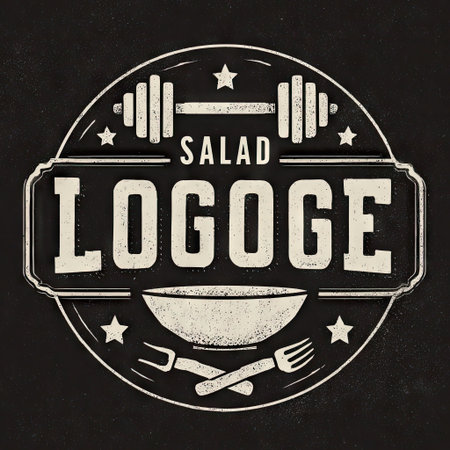 This vintage logo design features a bowl, weights, and utensils, perfect for a salad restaurant or fitness concept focusing on healthy eating.の素材