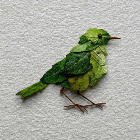 This artistic image showcases a bird creatively crafted from green leaves, highlighting nature's beauty on a textured paper backdrop.の素材