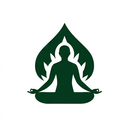 This illustration features a serene silhouette of a meditating figure surrounded by leaves, embodying concepts of peace, mindfulness, and wellness. Perfect for designs focused on tranquility.の素材