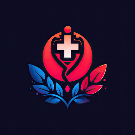 This abstract healthcare emblem features a vibrant design with a medical cross and flowing leaves against a dark background, symbolizing wellness and support.の素材
