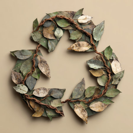 This captivating decorative wreath features an arrangement of dried leaves and twigs, creating a stunning organic piece for home decor. Perfect for seasonal styling.の素材