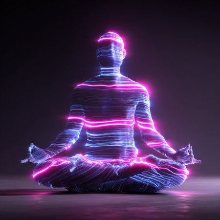 This stunning image captures a person meditating with vibrant neon light waves, symbolizing peace and tranquility, perfect for wellness and spirituality themes.の素材