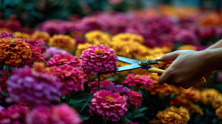A close-up view of hands using shears to prune vibrant flowers in a lush garden setting. This scene captures the essence of gardening joy and beauty.の素材