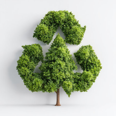 A vibrant green tree designed to resemble a recycling symbol, illustrating concepts of sustainability and environmental awareness in nature.の素材