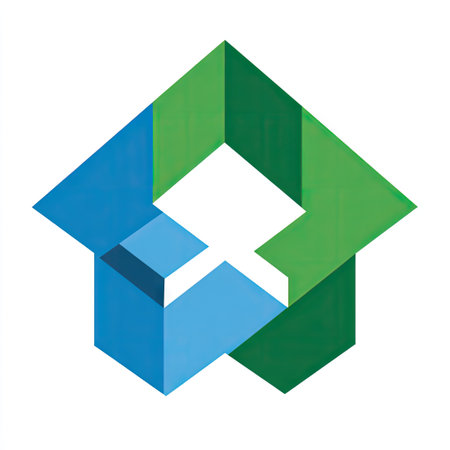 This abstract geometric design features colorful blocks in blue and green, showcasing creativity and innovation, ideal for modern art or architectural concepts.の素材