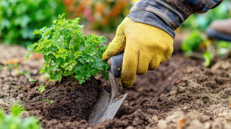 This image captures a gardener's hand planting a fresh green parsley seedling into rich, dark soil, illustrating the beauty of outdoor gardening and cultivation.の素材