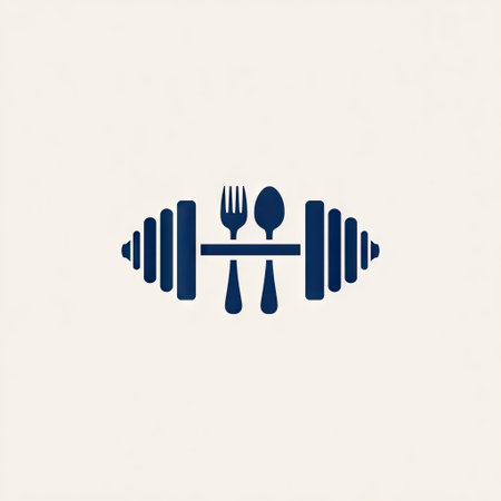A creative minimalist design featuring dumbbells along with a fork and spoon, symbolizing the balance between fitness and nutrition for healthy living.の素材