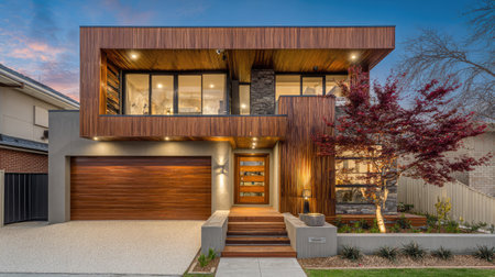 This image showcases a stunning modern home with warm wooden accents and a beautifully landscaped yard, illuminated during twilight, emphasizing elegance.の素材