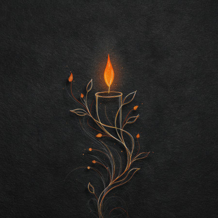 A stunning minimalist illustration featuring a glowing candle surrounded by delicate leaves, creating a serene and calming atmosphere perfect for relaxation.の素材