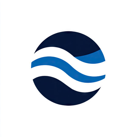 This modern abstract logo features a circular design with dynamic blue waves, representing creativity and professionalism, ideal for branding projects.の素材