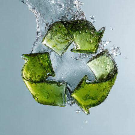 A captivating image showcasing green recycling symbols surrounded by a dynamic water splash. This artwork highlights eco-friendly practices and sustainability concepts, perfect for promoting environmental awareness.の素材