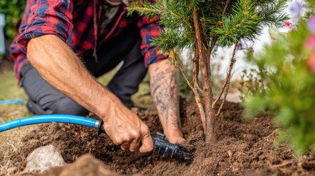 A dedicated individual carefully plants a young tree while ensuring proper watering and maintenance, contributing to a vibrant and green backyard environment.の素材