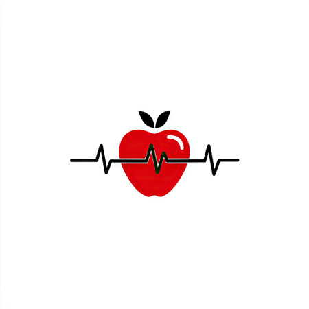 This illustration features a red apple combined with a heartbeat line, representing health, nutrition, and a wholesome lifestyle choice. Perfect for wellness themes.の素材