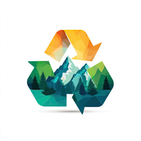 This vibrant graphic features a recycle symbol integrated with a mountain landscape, emphasizing ecological awareness and sustainability.の素材