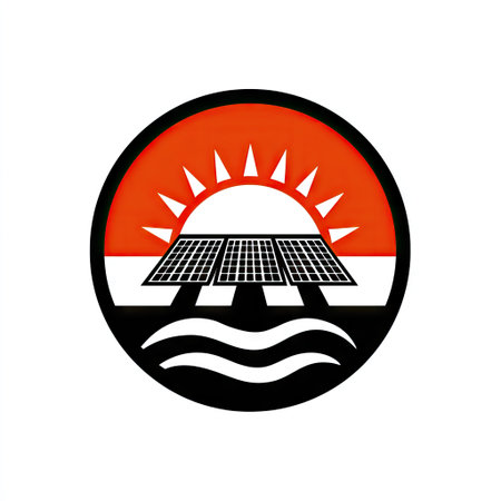 This logo design features a sun and solar panels, symbolizing a commitment to renewable energy and sustainability in a modern and vibrant style.の素材