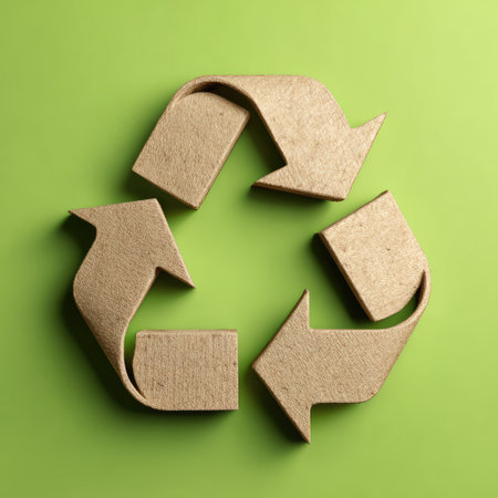 A nature-inspired recycling symbol crafted from sustainable material sits against a vibrant green backdrop, symbolizing the importance of environmental conservation and sustainability.の素材