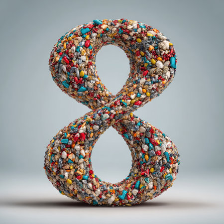 A visually striking representation of the number eight crafted from an assortment of colorful stones and pebbles, set against a soft gray backdrop, showcasing creativity and artistic design.の素材