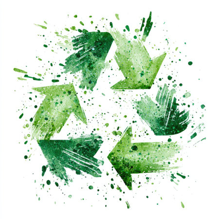 This vibrant watercolor illustration features green arrows representing recycling and sustainability, enhanced by artistic splashes and texture, perfect for eco-themed designs.の素材