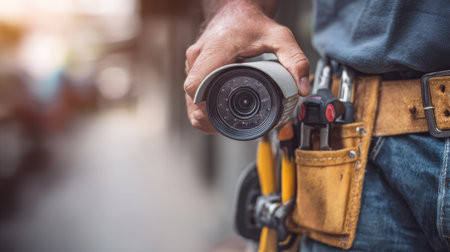 A skilled technician holds a camera device while wearing a tool belt, showcasing attention to detail in an urban setting, perfect for security installation themes.の素材
