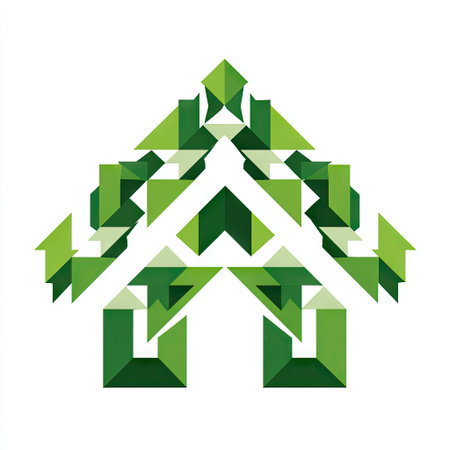 This unique geometric design features a stylized house made of green triangles and squares, perfect for modern and contemporary themes in architecture and art.の素材