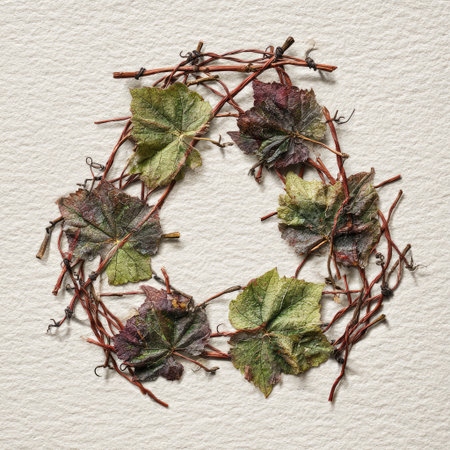 This artistic arrangement features dried leaves and twigs entwined to create a natural wreath design against a textured background, showcasing the beauty of nature.の素材