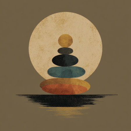 This abstract illustration showcases stacked stones set against a moon background, symbolizing harmony and balance in a tranquil, serene environment.の素材