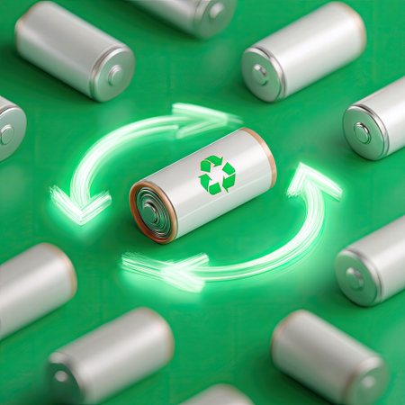 This image illustrates the concept of battery recycling, featuring a prominent battery with a recycle symbol and vibrant green arrows, promoting eco-friendly practices.の素材