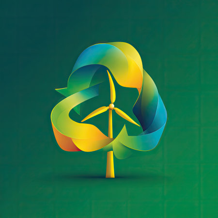 This vibrant abstract design captures the essence of renewable energy through a wind turbine and tree. It symbolizes the harmony between technology and nature.の素材
