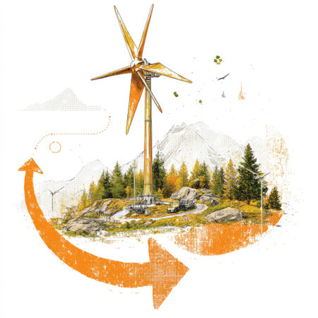 An artistic representation of a renewable energy landscape featuring a wind turbine, nestled in nature with trees and mountains, emphasizing sustainability.の素材