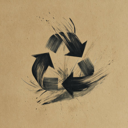 An artistic representation of the recycling symbol, featuring dynamic brush strokes in black on a textured brown background, emphasizing eco-friendly themes.の素材